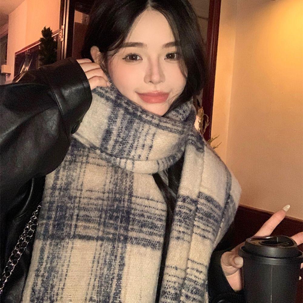 Tassel Plaid Wool Scarf Plush Long Shawl Simple Winter Cashmere Scarves Autumn Winter