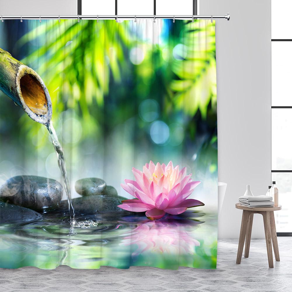 Дзен Занавеска для душа Зеленый бамбук Будда Розовая орхидея Лотос Лебедь Спа Природа Пейзаж Занавески для ванной Ткань Домашний декор с крючками