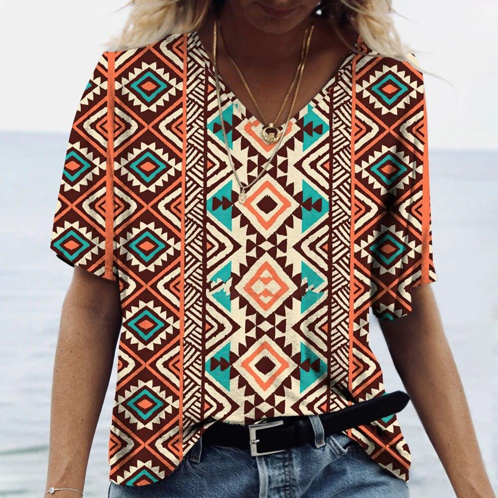 Летние женские футболки, этнический костюм, 3d рубашки, футболки, повседневная уличная одежда в стиле Харадзюку, большие топы с v-образным вырезом, винтажная женская одежда