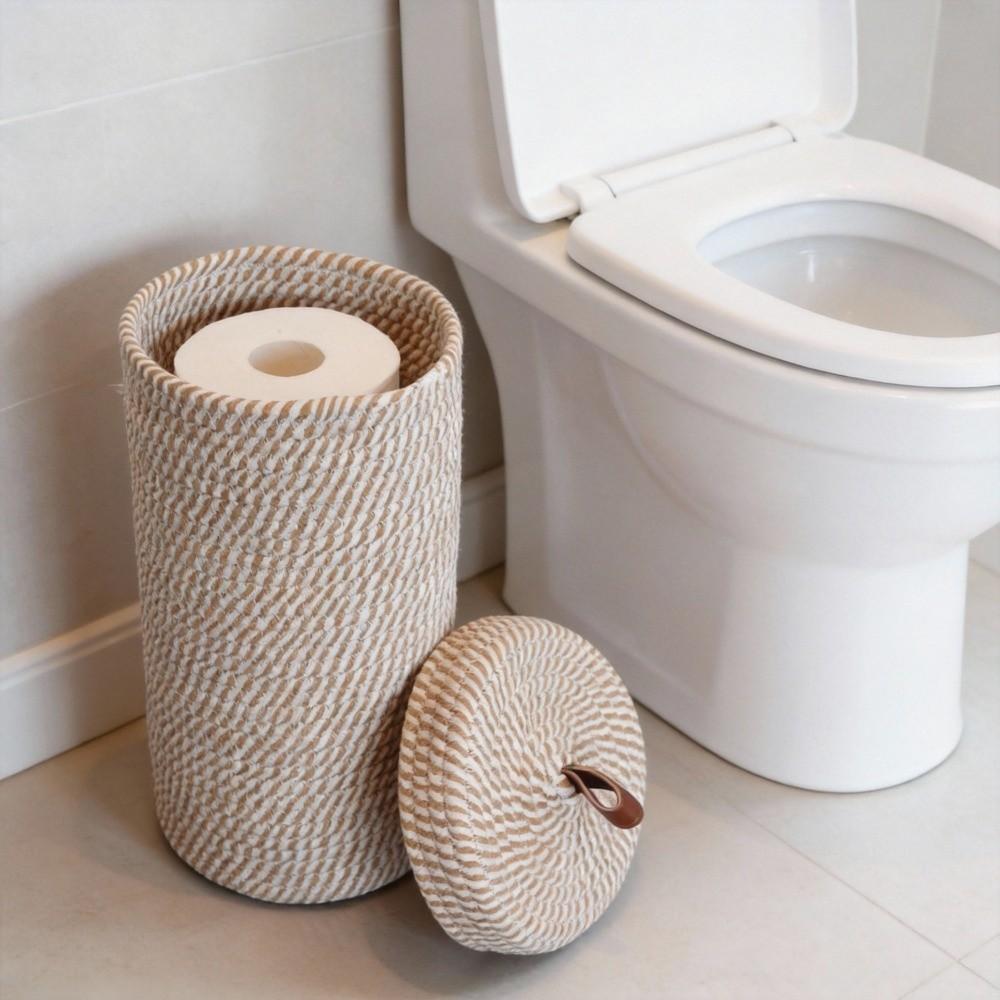 Dustproof Toilet Paper Rolls Storage Basket with Lid Woven Storage Basket Sundries Organizer