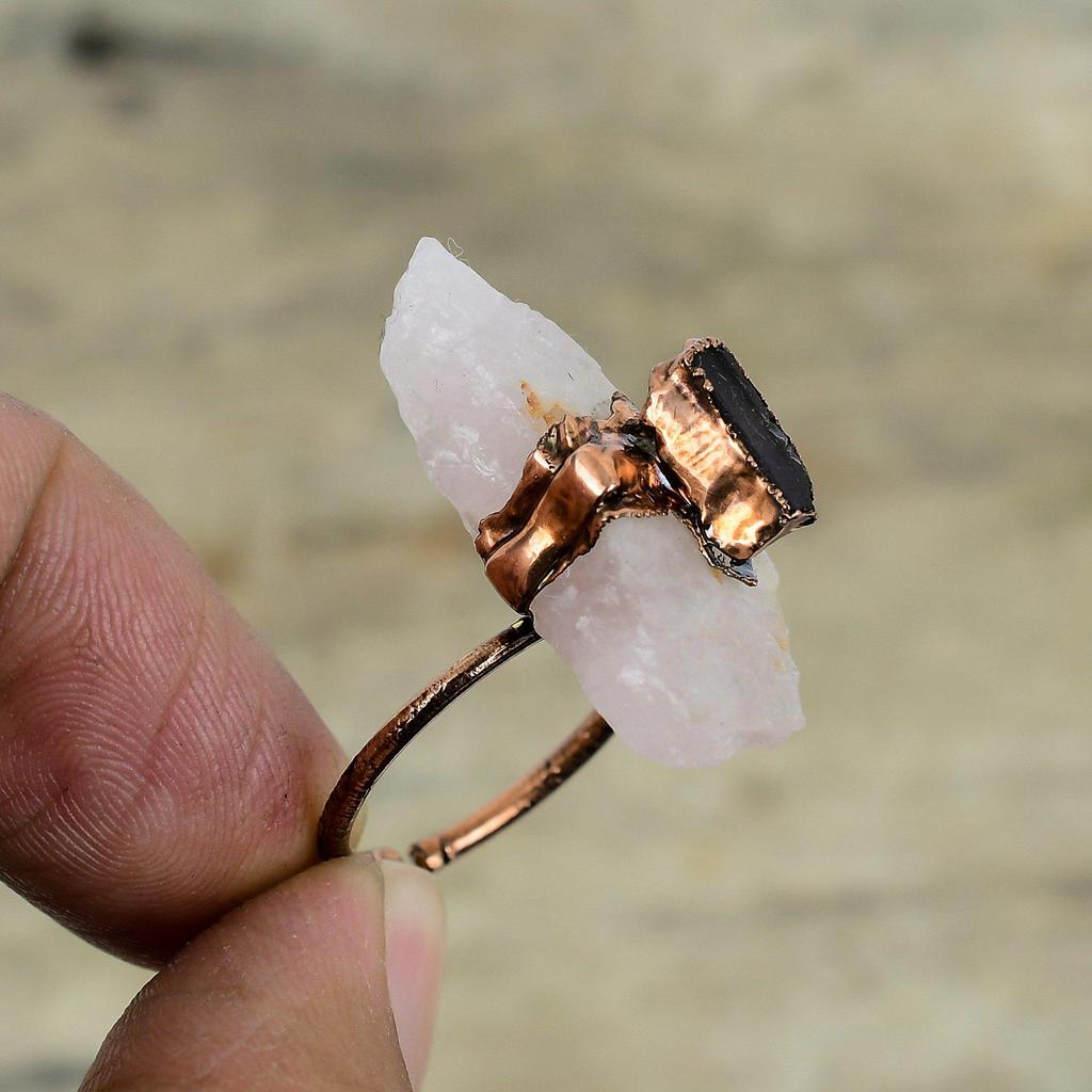 Rose Quartz Rough Ring Smoky Quartz Ring Electroformed Copper Gemstone Ring Handmade Jewelry Adjustable Ring Copper Jewelry Gifts For Mother