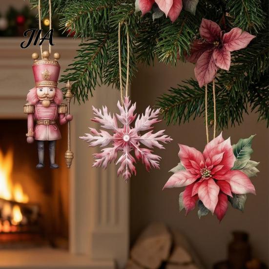 Pink Aesthetic Ornaments 12/24/36Pcs Christmas Wooden Set, Snowman Santa Hanging Tree Baubles Decors, Xtmas Hanigings with Ropes for Home Decor