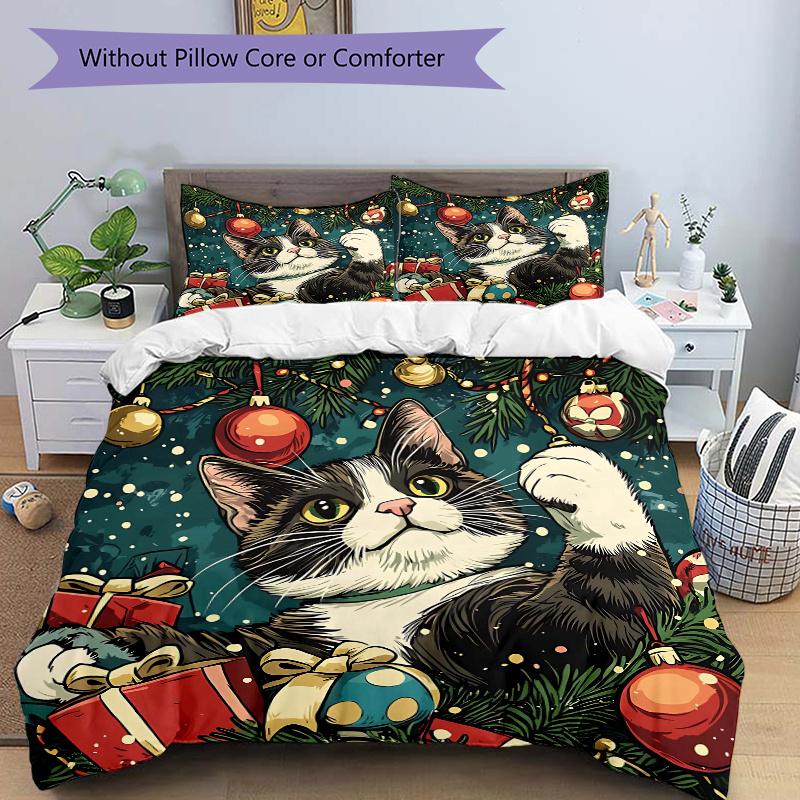 3pcs Christmas Cat Bedding Set, Including 1 Quilt Cover and 2 Pillow Shams, Without Filling, Soft and Comfortable Home Bedroom Fabric, Fashi