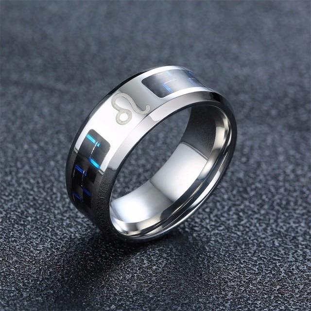 Vnox Mens Vintage Zodiac 12 Constellations Ring Stainless Steel With Blue Carbon Fiber Horoscope Male Astrology Anel Alliance