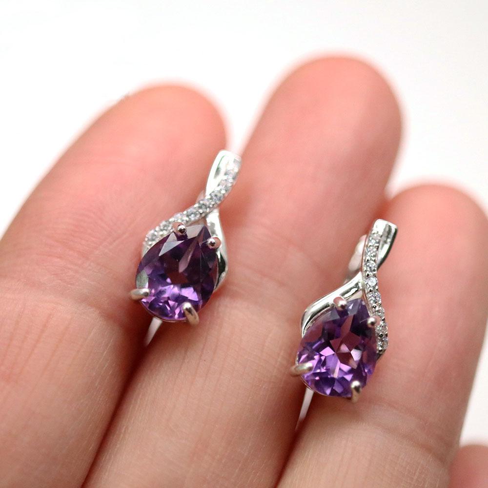 Bolaijewelry Natural Brazil Amethyst Clasp Earring 4ct Up Pear 7*9mm Real Gemstone Jewelry 925 Sterling Silver for Women Daily Wear Jewelry Gift