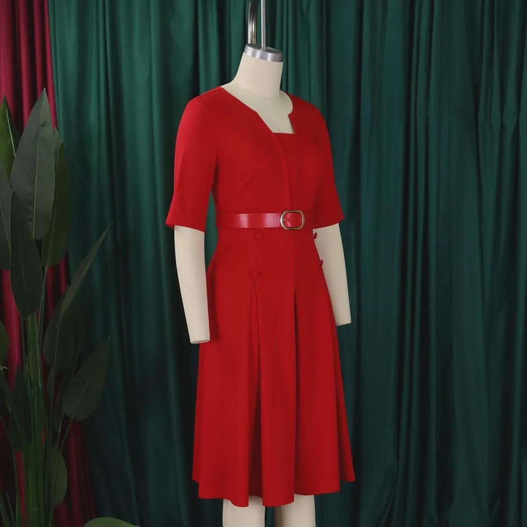 D533 Плюс Размер Женское Элегантное Однотонное Платье в Африканском Стиле с Рукавом 5-Точек - Мода Осень 2024