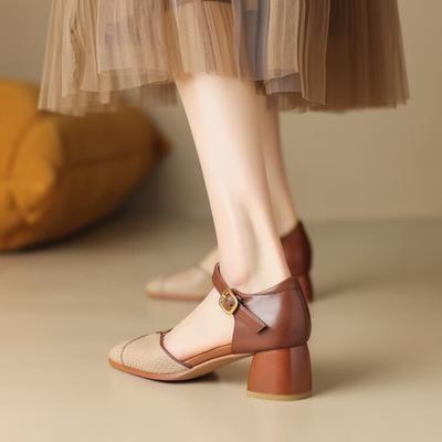 Новые летние сандалии с квадратной головкой и открытым носком, женские дышащие туфли на среднем каблуке, на массивном дышащем высоком каблуке