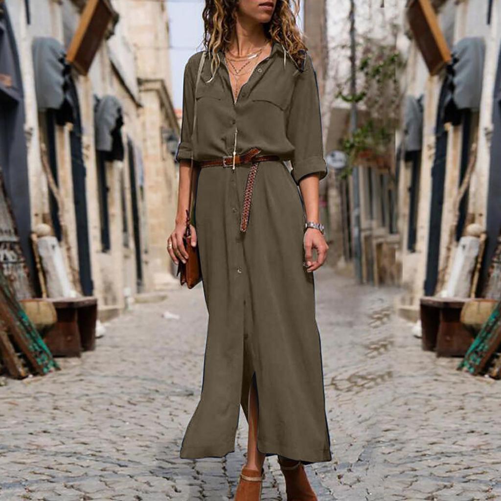 Женская повседневная свободная длинная рубашка с длинными рукавами и длинными рукавами, однотонное платье-рубашка