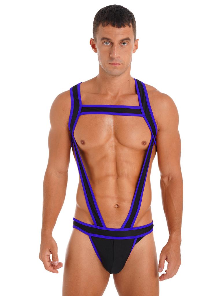 Mens Contrast Trim Chest Harness Jumpsuit Bulge Pouch Design One-Piece Bodysuit Jockstrap Underwear for Cosplay