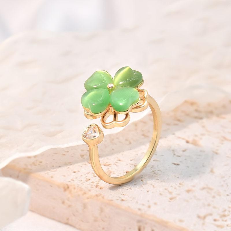 Cute Romantic Purple Four Leaf Zircon Flower Adjustable Rings for Women New Charm Gold Stainless Steel Finger Jewelry Gift