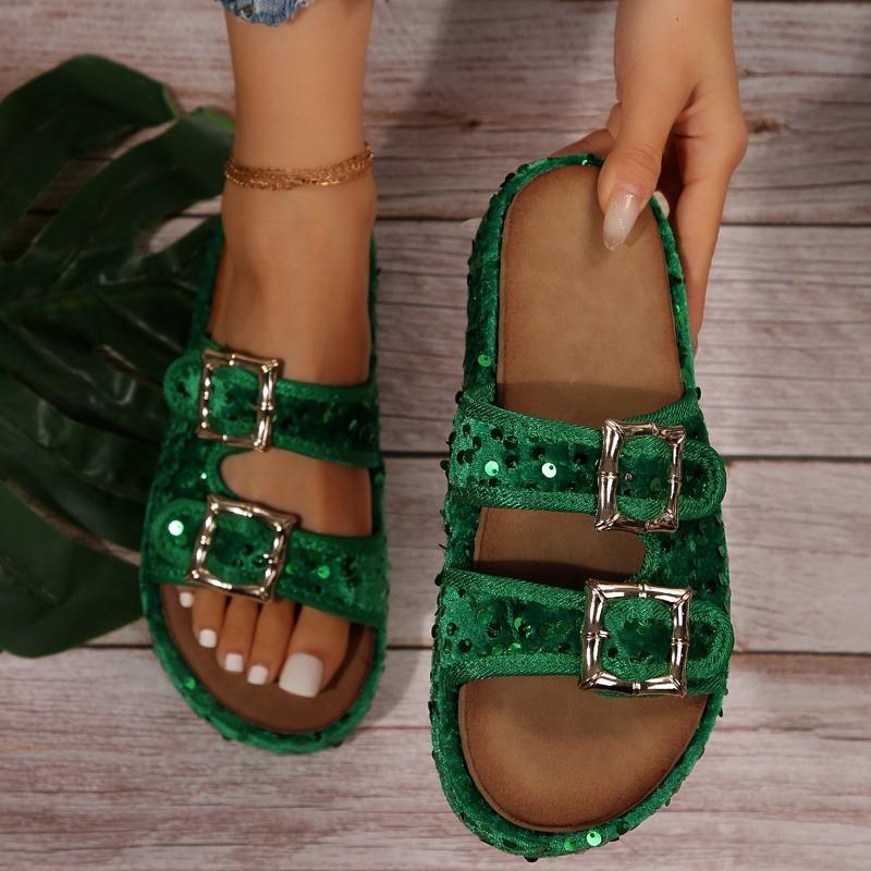 Women's Shoes 2024 Brand Plus Size Women's Slippers Fashion Sequins Modem Slippers New Belt Buckle Peep Toe Flat Slipperszapatos