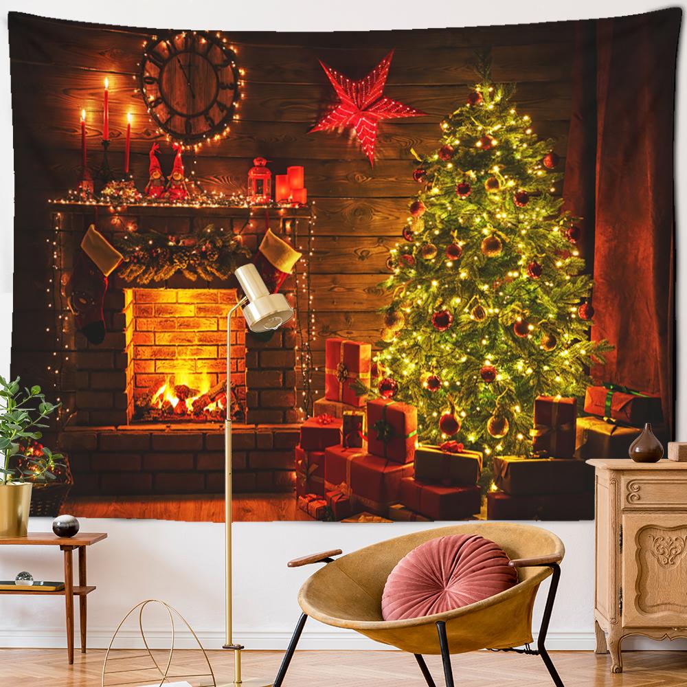 Рождественская елка камин гобелен настенный колдовство психоделический подарок носки новогодняя комната хиппи домашний декор