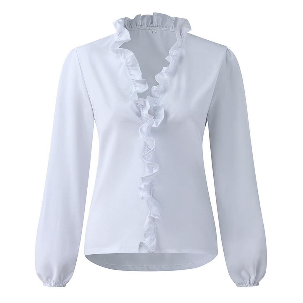 Fashion Woman Temperament Long Sleeve Ruffle Blouse Solid Colour Comfort Shirt