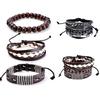 3Pcs Retro Braided Wooden Beads Faux Leather Bracelets Bangles Jewelry for Men