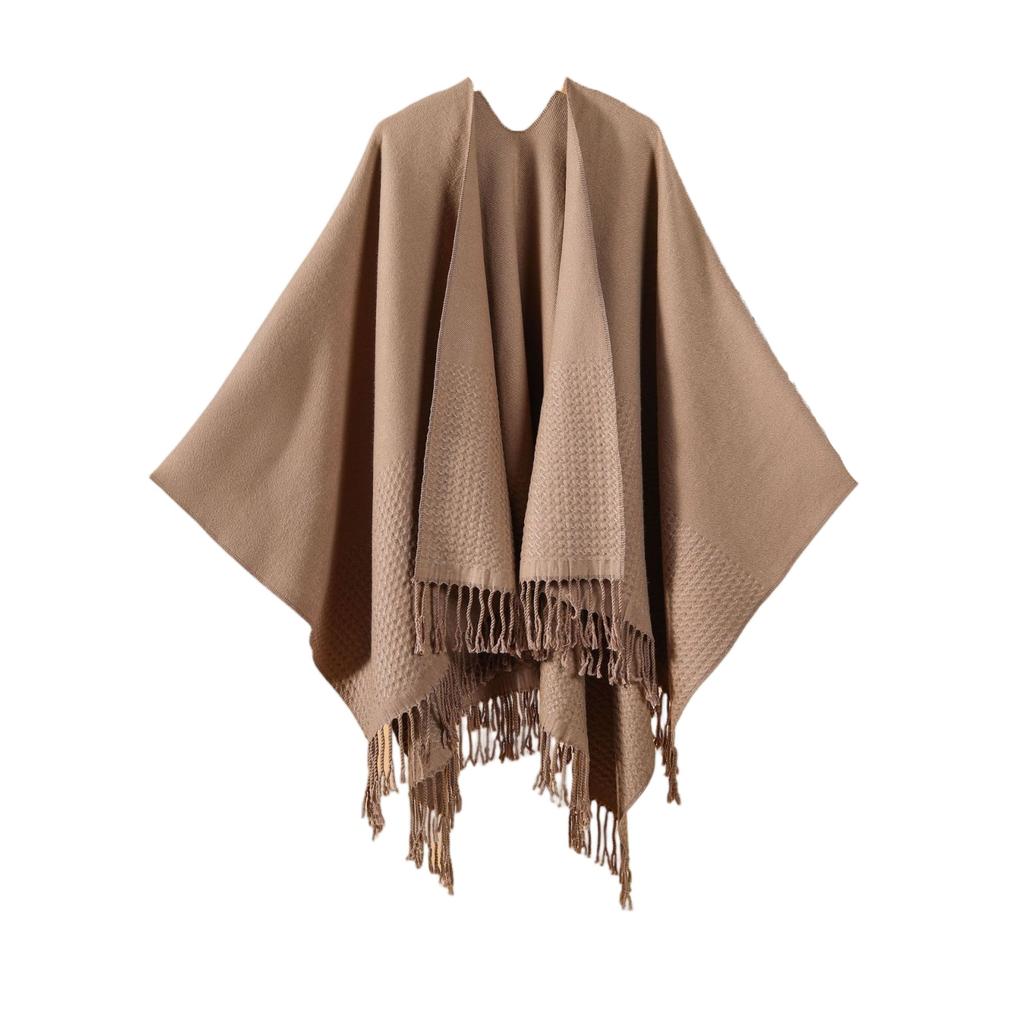 Ladies' Fashionable Single-color Fringed Slit Shawl, Double-sided Three-dimensional Wavy Warm Imitation Cashmere Scarf, Cloak Cardigan