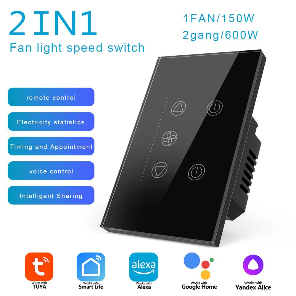 Tuya WiFi Bluetooth Smart Fan Light Switch US Standard Wall Touch Switch APP Remote Voice Timer Speed Control Alexa Google