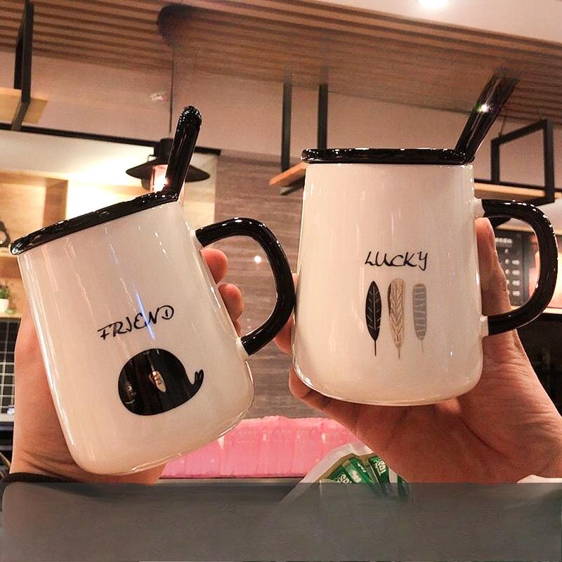 Кружка в скандинавском стиле с крышкой и ложкой, парная керамическая чашка, женская, креативная, для дома, офиса, для завтрака, кофе, воды, мужская