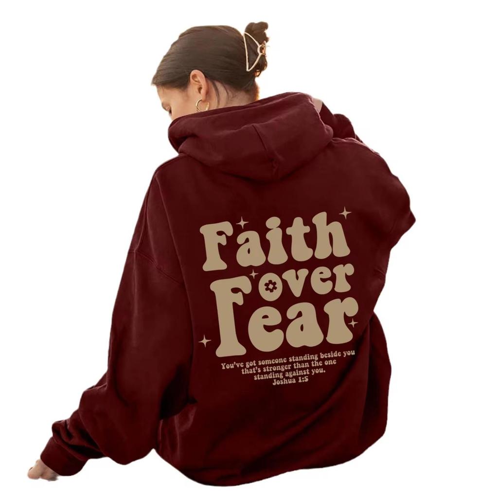 FAITH OVER FEAR Fashionable and Casual Back-collar Plus Velvet Hooded Loose Sweatshirt for Female Students European Goods
