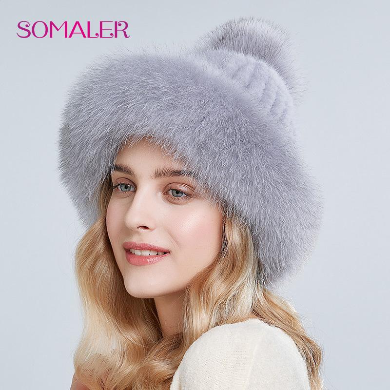 SOMALER Natural Mink Fur Hats for Women Winter Fox Fur Caps with Pompom Fashion Style Beanie for Ladies