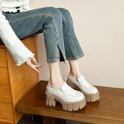 Внутреннее увеличение высоты 12 см маленькие кожаные туфли тапочки женские новые маленький размер толстая подошва ленивая сумка голова на каблуке половина тапок новые 33