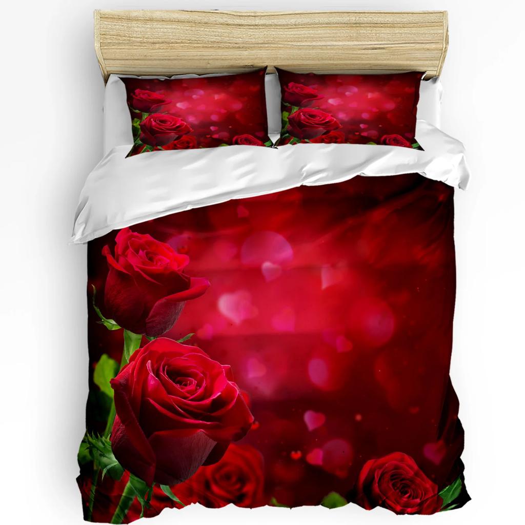 Red Rose Flower Plant White Duvet Cover Bed Bedding Set Home Textile Quilt Cover Pillowcases Bedroom Double Bedding Set No Sheet