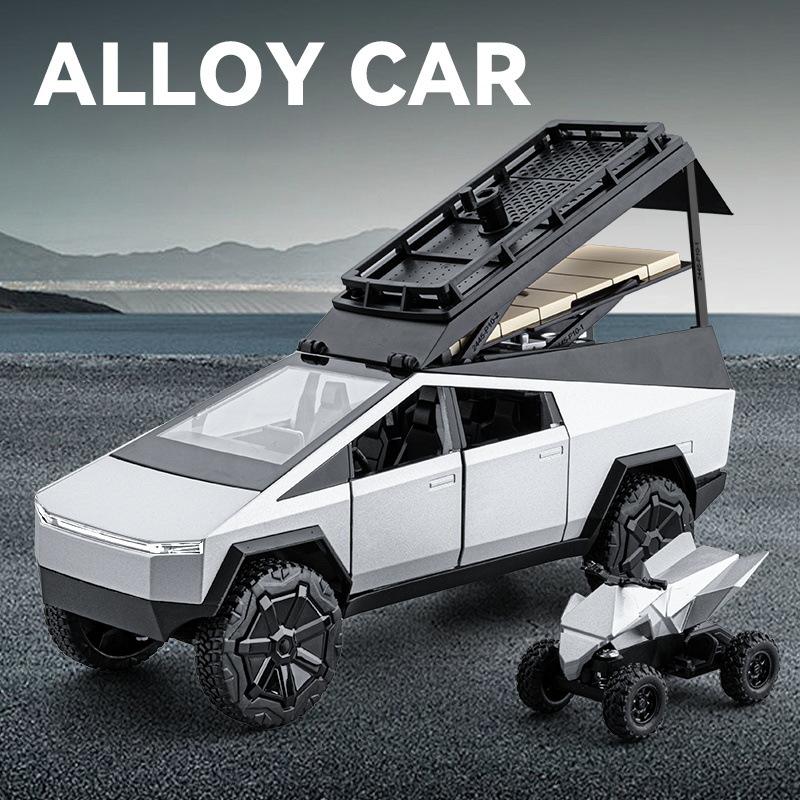 1/24 Tesla Cybertruck Кемпинговый автофургон из литого сплава Игрушечная модель автомобиля Звук и свет Детские игрушки Коллекционные предметы Подарок на день рождения