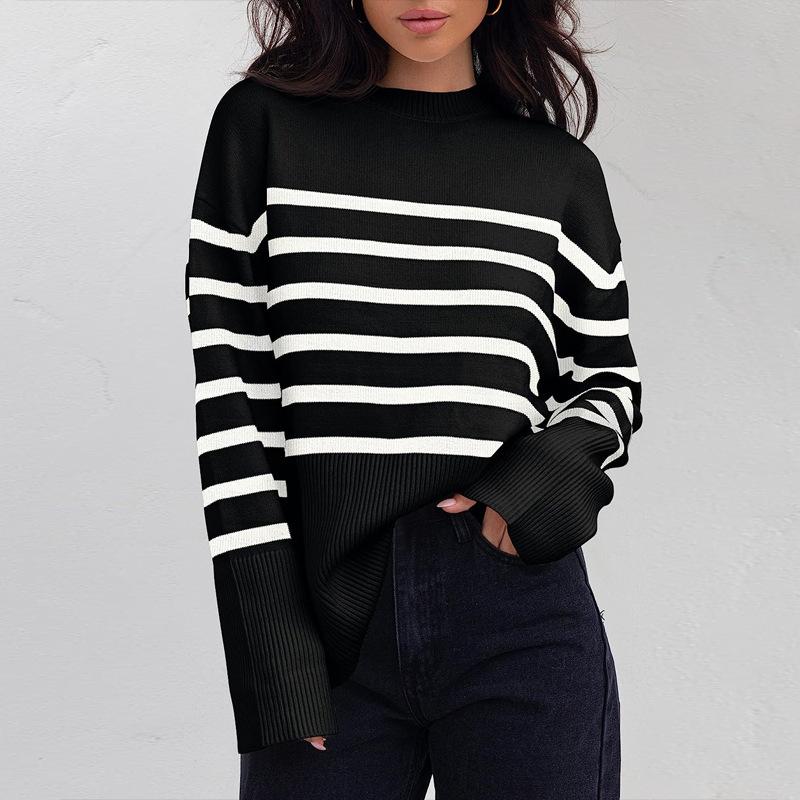 Women's knitted sweater 2025 autumn and winter new products European and American cross-border casual stripes loose crew neck pullover sweater