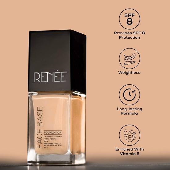 RENEE Face Base Liquid Foundation - Mocha, 23ml | Enriched with Hyaluronic Acid & Vitamin E, Provides SPF 8 Protection