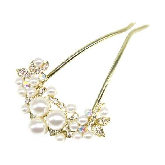 Miaomyao U-Shaped Hairpin Hair Stick Japanese Style Yukata Kimono Pearl Hair Comb Antique Hair Accessories Gold Flower Motif Zirconia Faux Pearl
