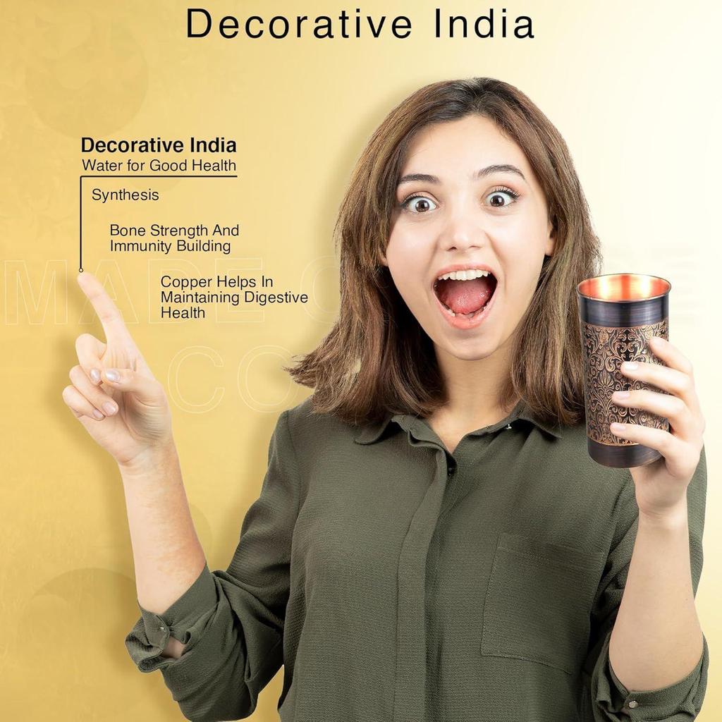 India Decorative India Premium Copper Water Glass With Carving Design And Black Antique Royal Glossy