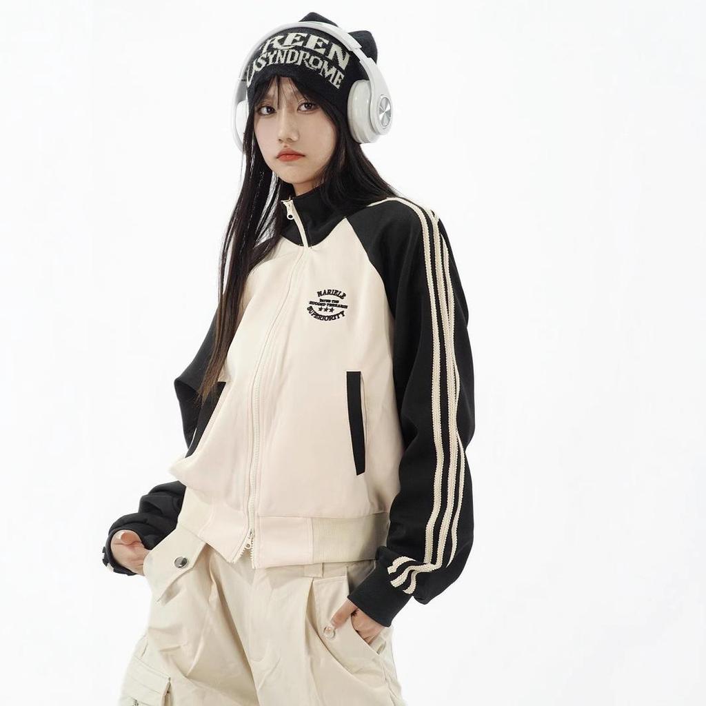 Американский Ретро Преппи Полосатый Кардиган Колорблок - Женская Короткая Куртка на Молнии со Стойкой