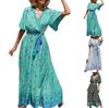 Women's V-neck Lace-up Printed Bohemian Dress Floral Short Sleeve Long Dress