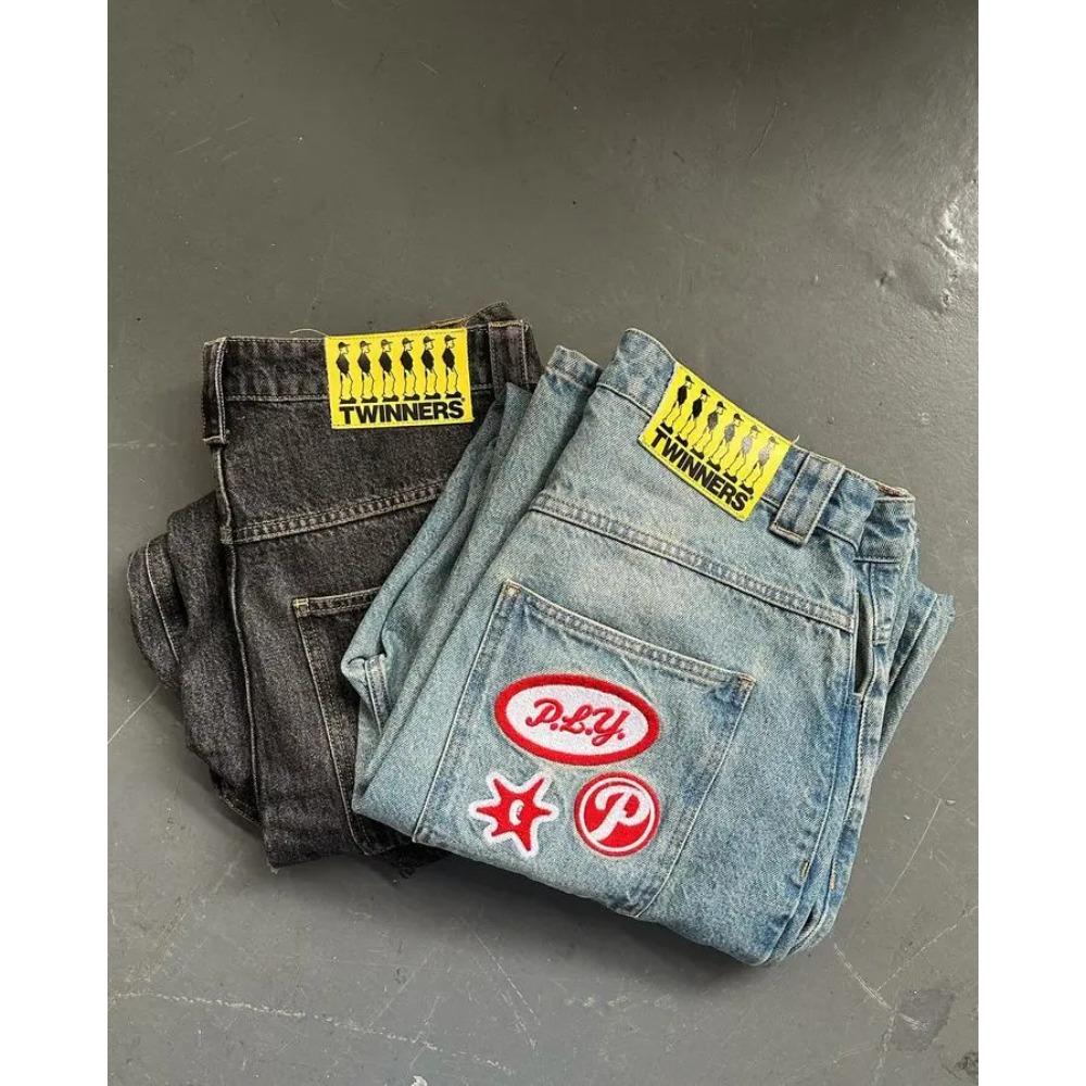 Y2K Harajuku Hip Hop Graphic Oversize Retro Blue Baggy Jeans Mens Womens New High Talyase Wide Leg Брюки