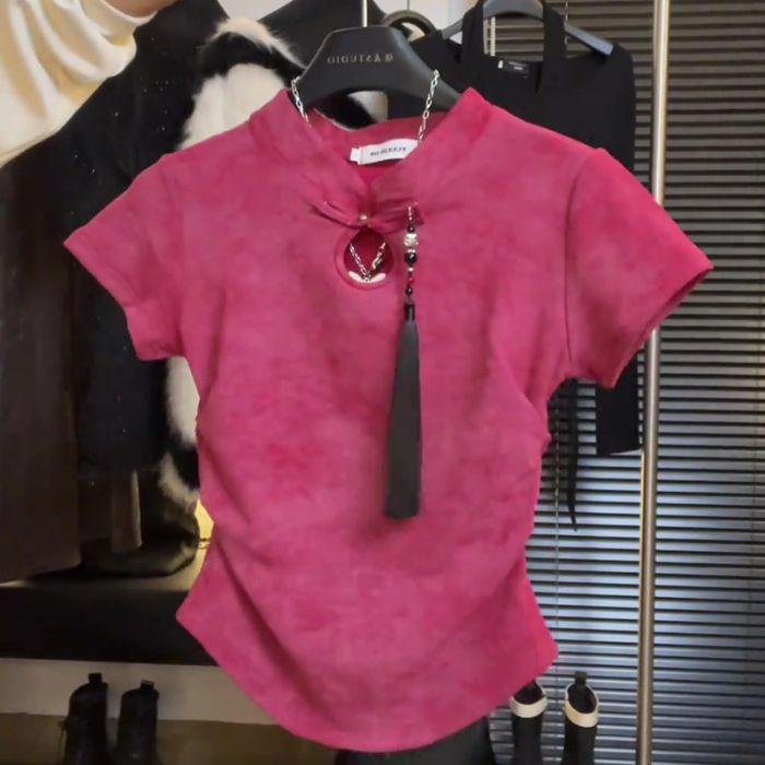 Женская летняя укороченная футболка в стиле ципао: Стойка воротника, Обычная линия плеч, Короткий рукав, Высокая талия, Большой размер, Дерзкий новый китайский стиль