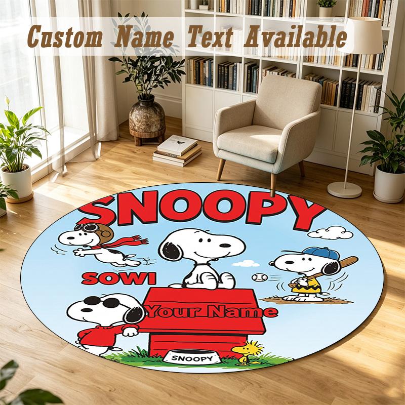 Snoopy Peanuts Personalized Round Rug Support Custom Name, Soft Home Decor Mat
