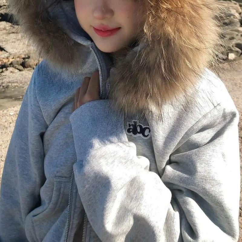 Casual Hooded Fur Collar Zipper Sweatshirts Autumn Winter Fleece Patchwork Women's Clothing Fashion Letter Loose Pockets Hoodies