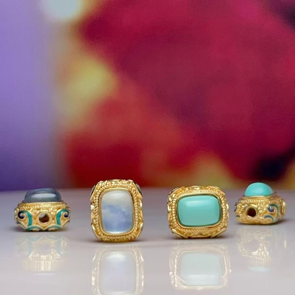 1Pc, Natural Stone Turquoise Aquamarine beads with hole, Boho handcrafted barrel-shaped beads accented with golden edges for Jewelry Making DIY