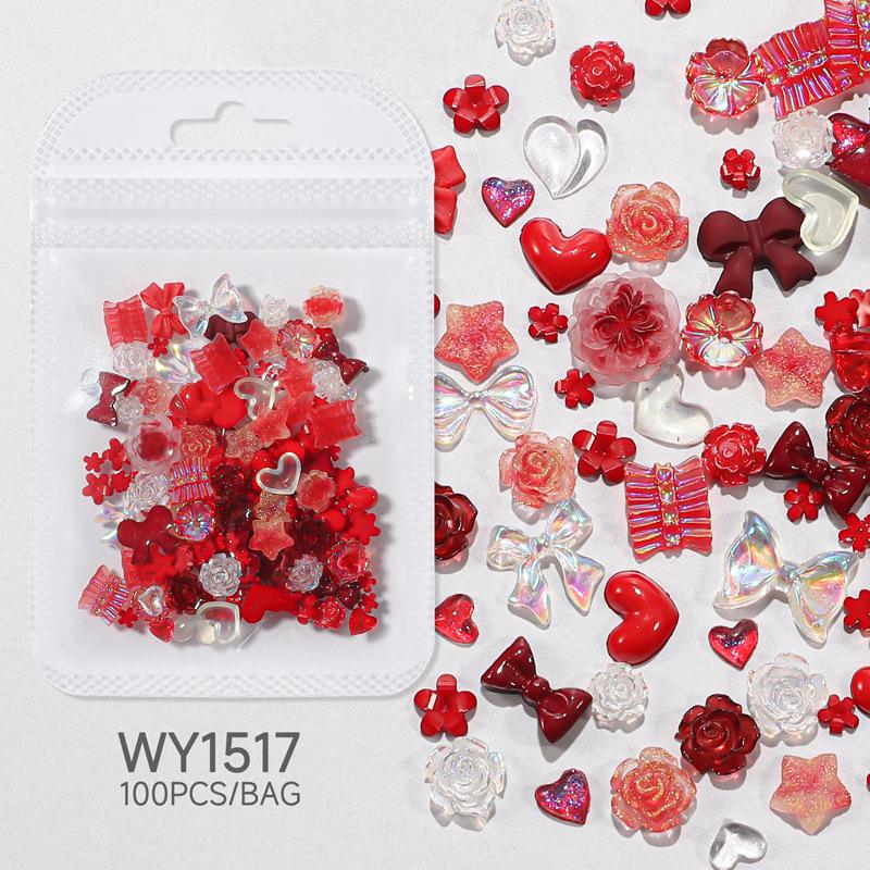 100 шт., 3D смола, розовый, фиолетовый, подвеска для ногтей, цветы, сердце, медведь, смешанное украшение для дизайна ногтей, Kawaii, розовая лента, бант, сделай сам, часть для ногтей