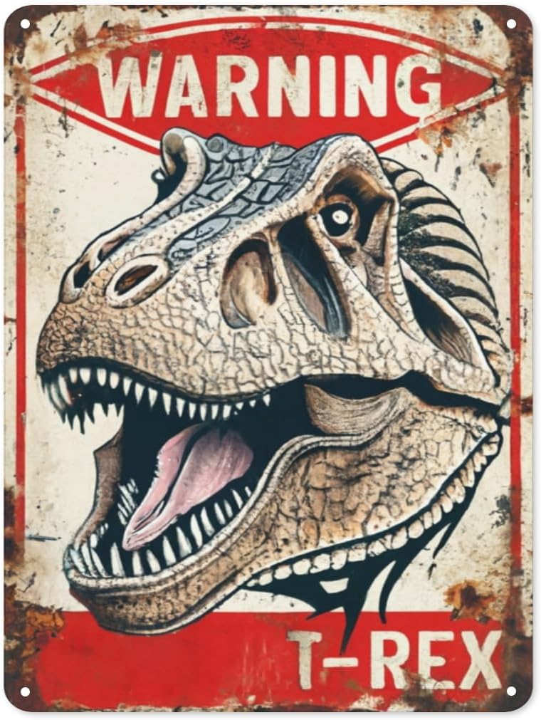 Mfoever Funny Beware of The Dinosaur Tin Sign Retro Metal Wall Decor Poster Vintage Sign for Home Bar Garage Garden Patio Porch Bathroom