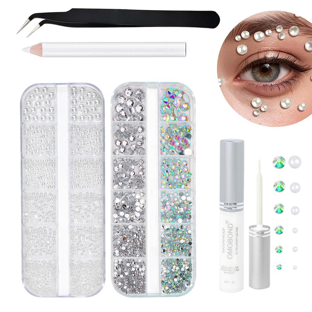 Набор сверкающих наклеек с драгоценными камнями для лица Плоское дно Разноцветные и AB Водяной бриллиант Пинцет для макияжа тела Нейл-арт Украшения для глаз Декора
