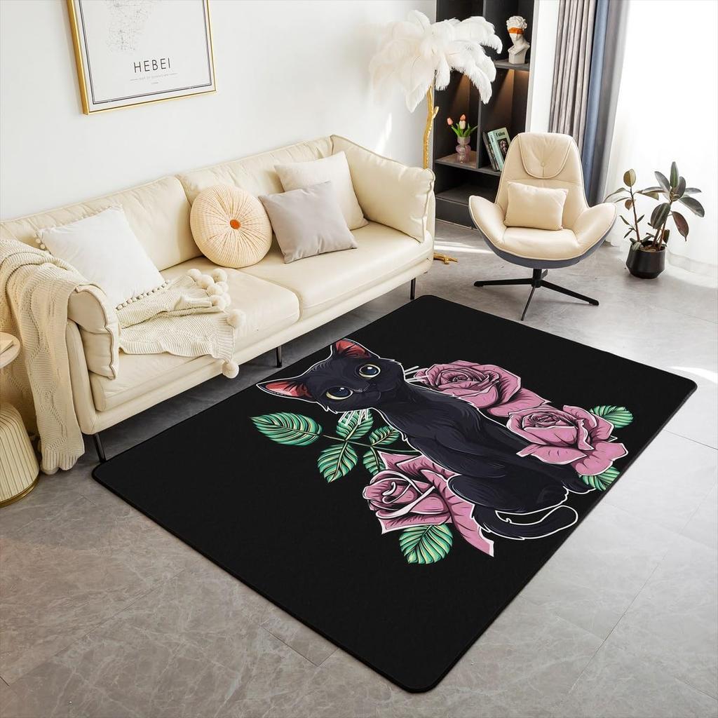 Black Cat Carpet Kawaii Cat Area Rug For Bedroom Living Room Bathroom Decor Entrance Doormat Cartoon Pet Cats Print Floor Mat