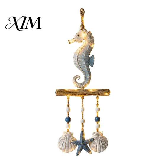 Coastal Porch Hanging Decor Lighted Wooden Wall Ornament, Nautical Fish Shell Starfish Sign with Indoor Outdoor Decorative LED Lights Warm Lights,