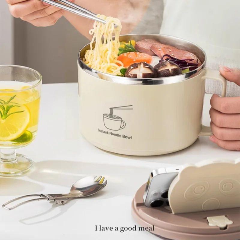 Large Capacity 304 Stainless Steel Foam Bowl Ironing Proof Double Lunch Box With Tableware Drain Lid Ramen Bowl