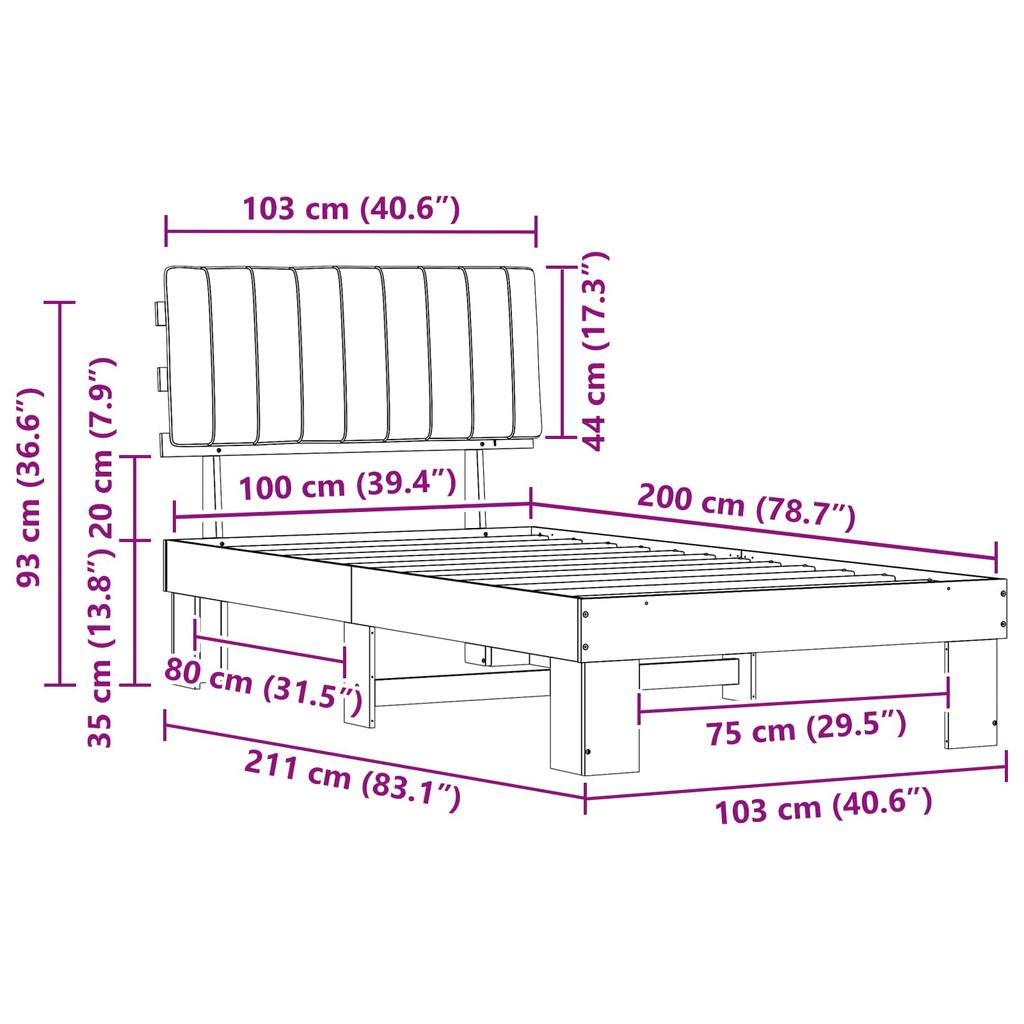 Bed Frame with Padded Headboard Light Grey 100 x 200 cm