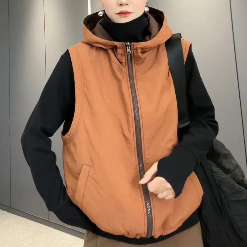 Autumn and Winter Women's Windproof Hooded Vest Solid Color Double-sided Casual Zipper Sleeveless Thick Jacket Vest
