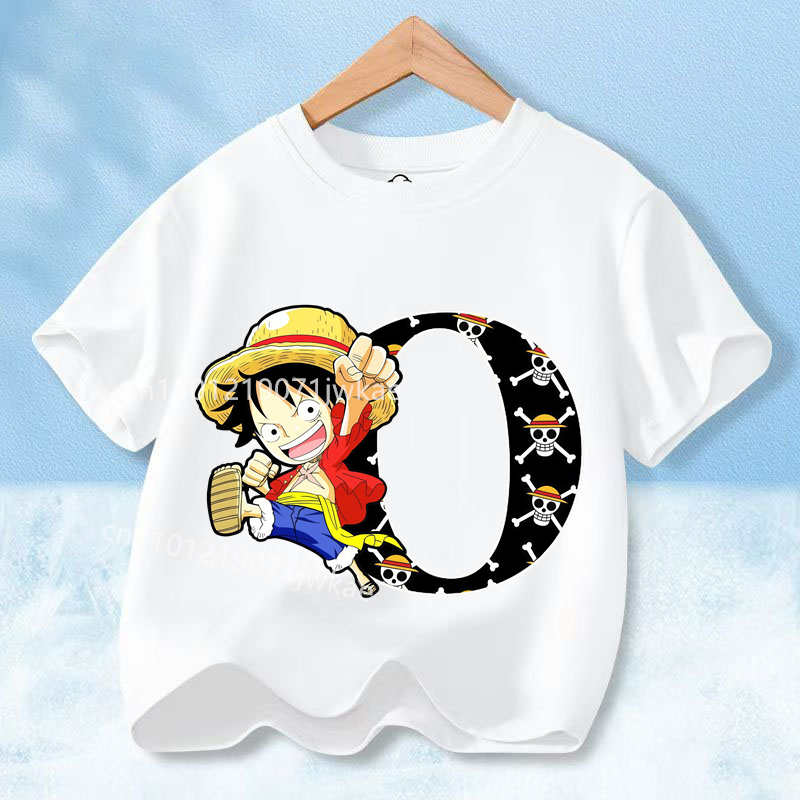2026 Новая футболка с принтом One Piece Буквы A-Z Аниме Луффи Гир Мультяшная Графика Хлопковая Футболка для Детей Летние Спортивные Футболки Повседневные Детские Топы