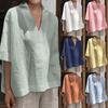 Женская рубашка из хлопка и льна, свободная, с V-образным вырезом, коротким рукавом, однотонная, Весна/Лето 2026