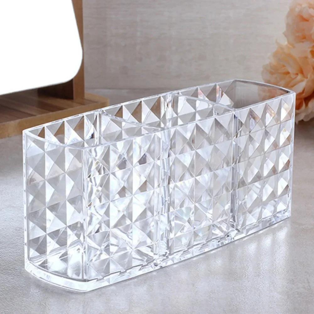 Acrylic Transparent 3-Grid Cosmetic Storage Box with Diamond Pattern - Makeup Pen Organizer & Desktop Eyebrow Pen Holder