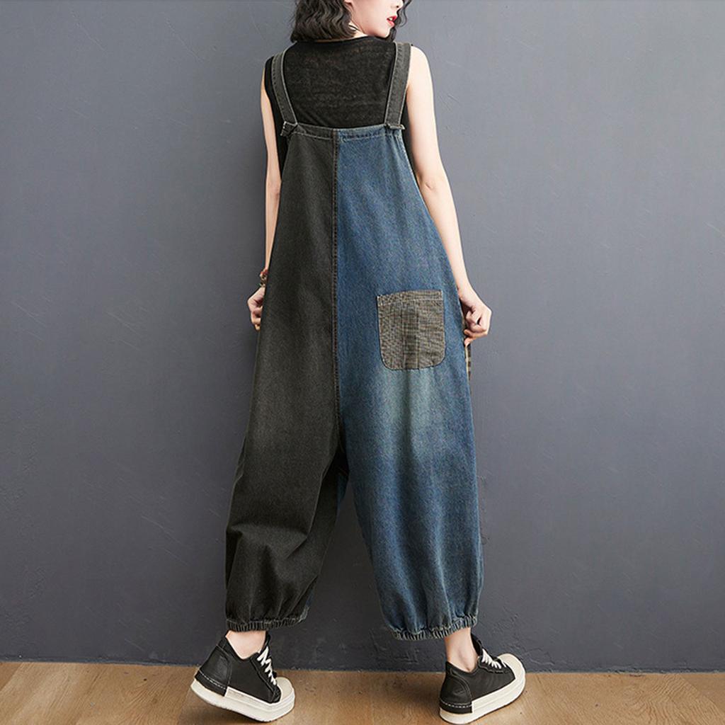 Женские модные джинсовые рюкзаки большого размера, свободные брюки с высокой талией в клетку, цельные широкие девятиминутные брюки