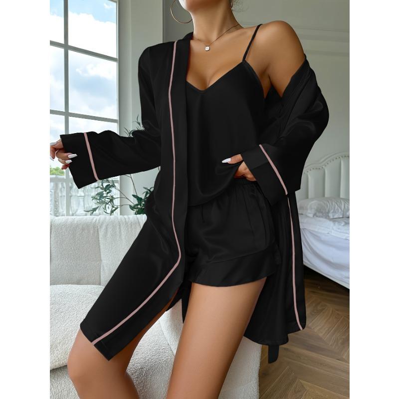 Ice Silk Pajamas, Women's Suspenders, Shorts, Nightgown, Three-piece Suit, Comfortable In Summer, Can Be Worn Outside Home Service